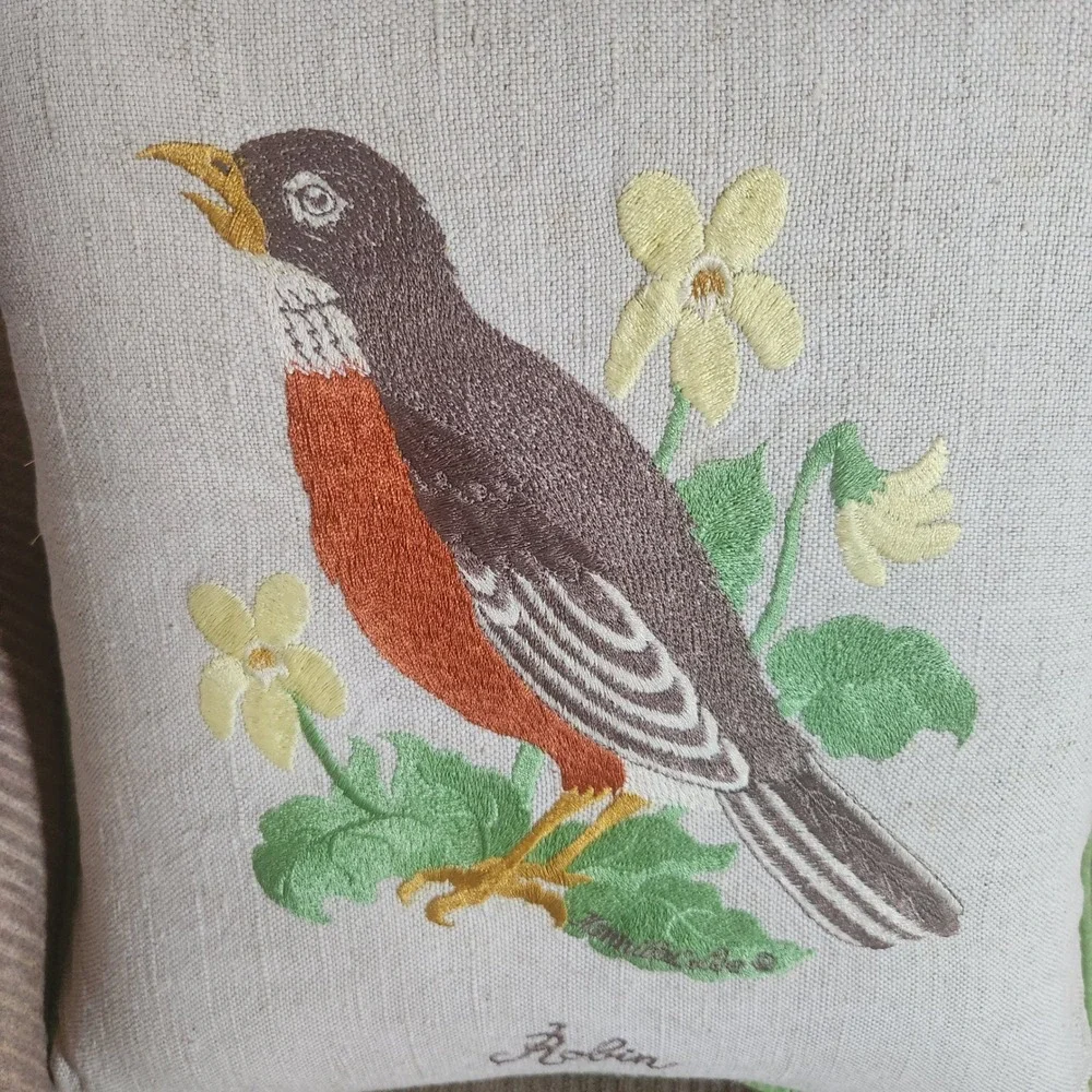 Set of 3 Embroidered Bird Throw Pillows Robin Goldfinch Cardinal 12x12 Accent